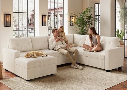 Image of HONBAY 106.2 Inch U-Shaped Sectional Sleeper Sofa with Pull-Out Bed & Storage Ottoman, 7-Seater Sectional Sofa for Living Room, Pet-Resistant Corduroy Couch, Beige