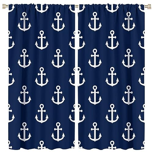 JADERYS Anchor Curtains Vintage Rustic Ocean Nautical Style Navy Blue