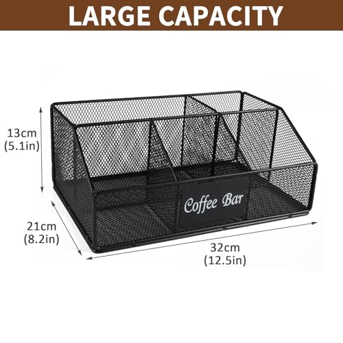 Punorric Coffee Station Organizer Metal Mesh 5 Compartments Coffee Bar Accessories Caddy for Pods Syrup and Tea Bags, Black Condiment Holder for Office or Kitchen Countertop - Image 4