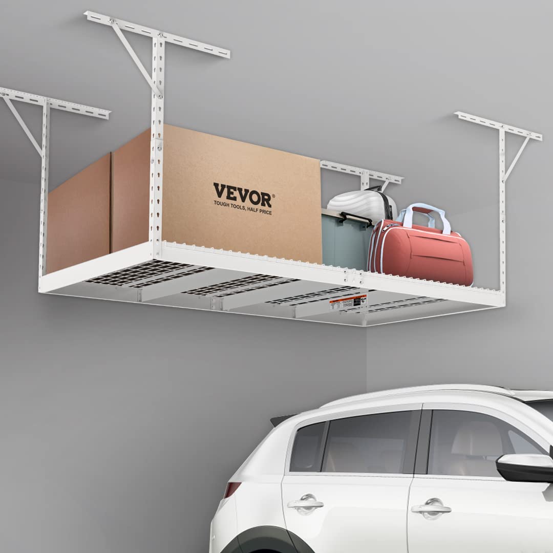 VEVOR Étagère de rangement pour garage, 121,9x243,8 cm, étagère de rangement au plafond, réglable en acier laminé à froid pour rangement du garage, l'organisation, charge 272 kg, 55,9-101,6 cm, blanc