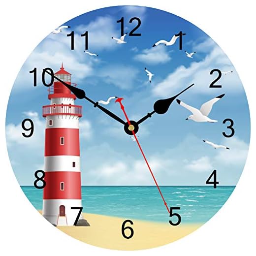 TAHEAT Lighthouse Seagull Ocean Wall Clock, Wooden Battery Operated Clocks, Silent Non Ticking Easy to Read Wall Clock for Kitchen/Bedroom/Living Room, 14 Inch