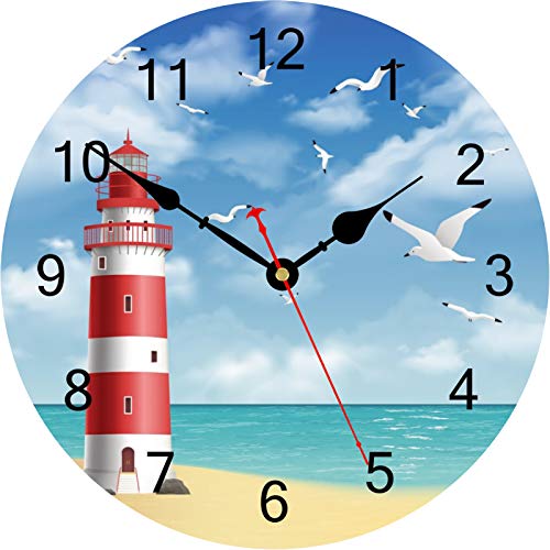 Image of TAHEAT Lighthouse Seagull Ocean Wall Clock, Wooden Battery Operated Clocks, Silent Non Ticking Easy to Read Wall Clock for Kitchen /Bedroom /Living Room, 14 Inch