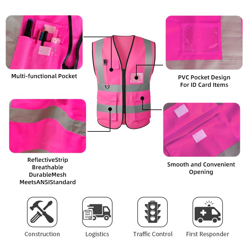 Image of High Visibility Safety Vest with Reflective Strips & Pockets