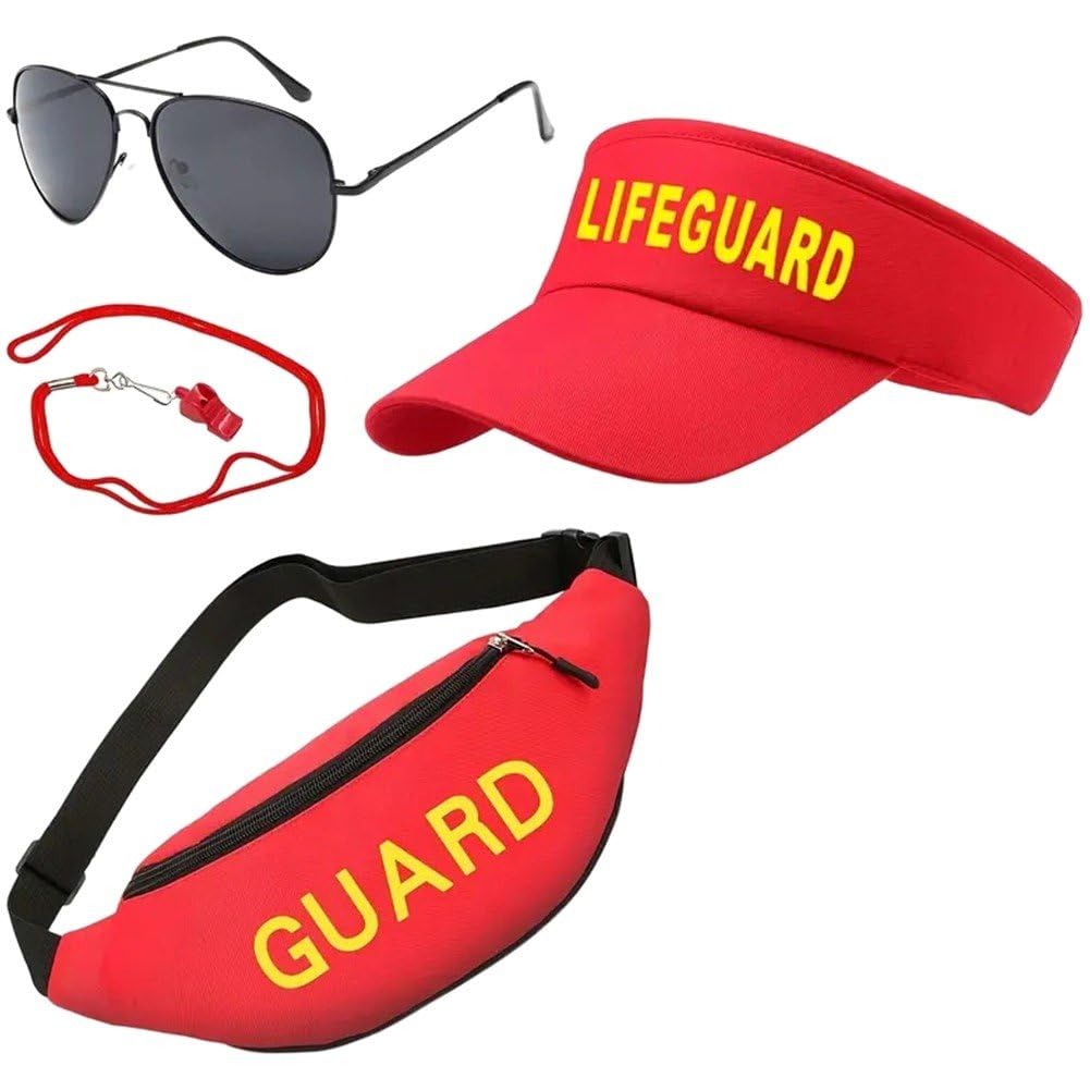 Luxylei As Shown 4Pcs/Set Life Guard Costume Accessories Adjustable Hat Whistle Sunglasses And Waist Bag Beach Costume For Adult Lifeguard