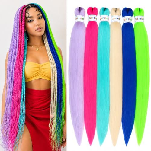 6pcs Colorful Braiding Hair Pre Stretched 26inch Colored Braiding Hair Extensions for Braids Hot Water Setting Rainbow Braiding Hair Pre Stretched