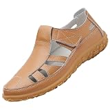 Non Slip Closed Toe Women's Retro Flat Sandals, Solid Color Hook & Loop Casual Outdoor Shoes (Sepia,7)