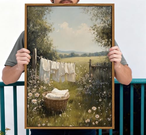 Image of KISSFOX Vintage Framed Wall Art For Laundry Room Decor Country Landscape Pictures Wall Decor Rustic Summer Wildflower Canvas Art Prints Modern Farmhouse Paintings Artwork