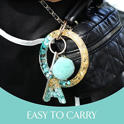 Qydcx Letter A-Z Keychian Teal Resin Bracelet Handmade Key Ring Wrist Pom Pom Wristlet Circle Bracelet Holder For Women Girls #TOP4