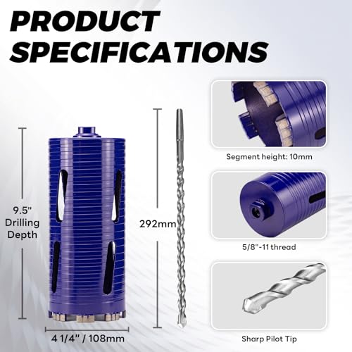 Image of 4-1 /4 inch Core Drill Bit with Pilot Bit & Adapters(SDS Plus and 1 /2 inch Hex), 5 /8 inch-11 Thread, 9.5 inch Depth, Upgraded-Welded Segments Diamond Core Bits for Concrete, Masonry, Brick Block