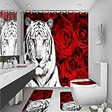 XVWJ Red Rose Tiger Shower Curtain Sets with Rugs Toilet Lid Cover and Bath Mat, Soft Animal Shower Curtain with Hooks, Romantic Flower Tiger Bathroom Sets with Shower Curtain and Accessories