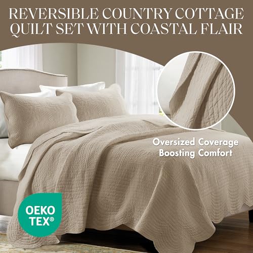 Madison Park King Quilt Set - Damask Coverlet Set for King Size Bed, Cottage Oversized Quilt Set, Scallop Edge, All Season, Pre-washed Cotton-Filled Quilt, Tuscany, Khaki 3 Piece - Image 2