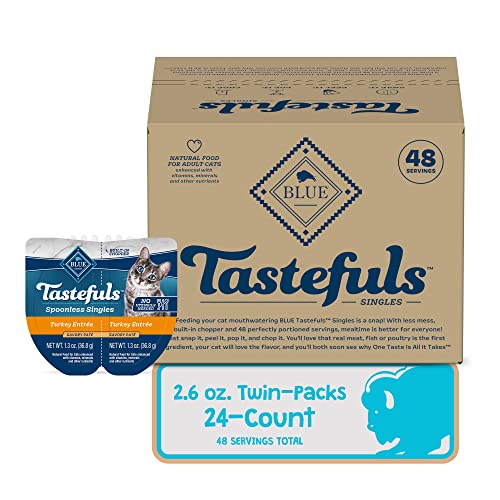 Image of Blue Buffalo Tastefuls Spoonless Singles Adult Pate Wet Cat Food, Turkey Entree, Perfectly Portioned Cups in (24) 2.6-oz Twin-Pack Trays
