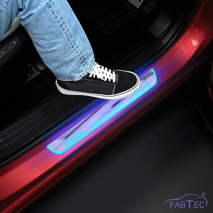 Image of Fabtec Car Door Foot Step Led Sill Plate Compatible with Maruti Grand Vitara, Anti-Scratch Reflective Mirror Finish, Blue Light, Set of 4 Pcs (6 Months Warranty)