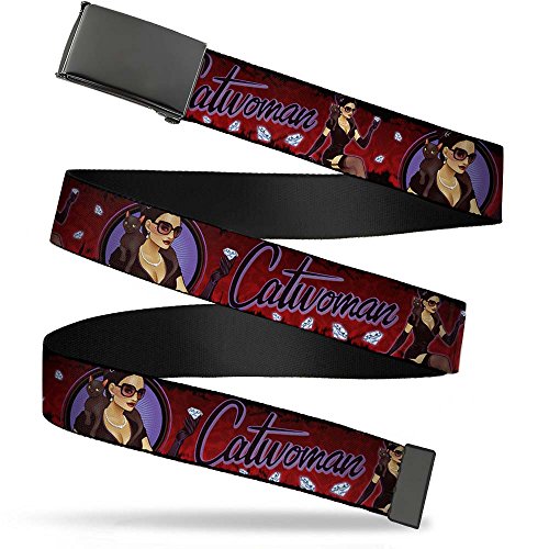 Buckle-Down DC Comics Belt, Flip Web Belt Catwoman Bombshell Pose Diamonds Red Purple Black