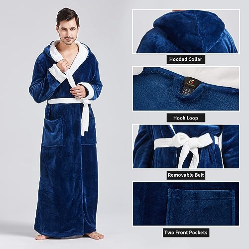 Image of FashGudim Mens Robes Big and Tall with Hood Two-Tone Flannel Fleece Contrast Bathrobe Full Length Plush Long Robe House Coat