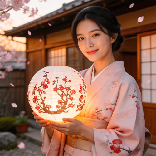 Image of 6 Pcs White Paper Lanterns Decorative 10x12 Inch, ZUEXT Cherry Blossom Hanging Round Chinese /Japanese Lantern for Festival Theme Birthday Party Wedding Home Yard Japanese Eateries Decor Oriental Style