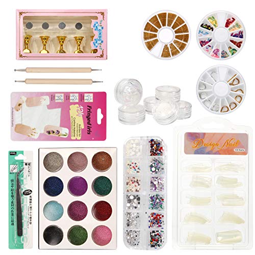 anmas rucci Acrylic Nail Art Kit DIY Glitter Nail Rhinestones Acrylic Nail Art Practice Stands 2-ways Nail Pen Designer Stamp Curved Tweezer French Manicure Nail Sticker Manicure Color Rhinestones #E
