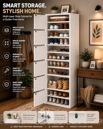 Image of 6-Door Engineered Wood Shoe Rack, 11-Tier Wooden Shoe Rack for Entryway, Shoe Storage Cabinet with Doors Adjustable Shelves, Wooden Shoes Rack Organizer - NEW (White, 11 - Layer)