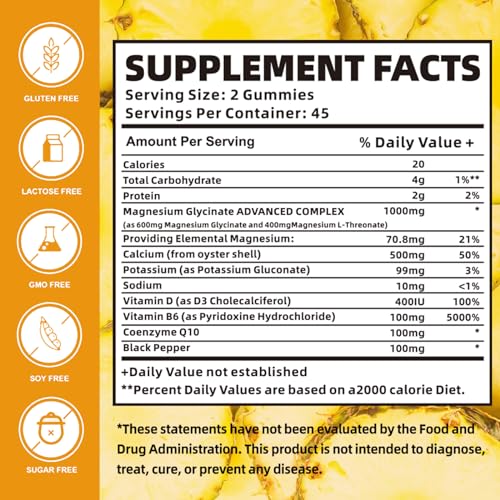 Magnesium Glycinate Gummies 1000mg with Magnesium L-Threonate,Chelated Magnesium Potassium Complex Supplement with VitD, B6, CoQ10, Calcium,Supports for Memory, Calm, Mood - 90 Mango pineapple Gummies