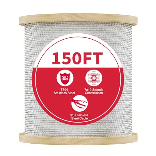 3/8 Stainless Steel Cable with 7x19 Strands and 12000lbs Breaking Strength 304 Stainless Steel Wire Rope for Aircraft Cable 150FT