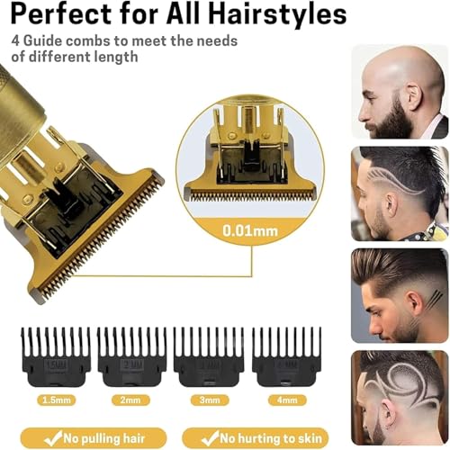 Image of T9 Vintage Professional Hair Trimmer For Men -Golden Body,Cordless,4 Guide Combs,USB Rechargeable,Men'S T9 Golden -Zero Gap Beard Hair Clipper With Guide Combs
