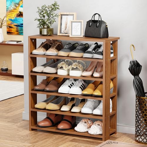 Image of Lukzer 5-Tier Wooden Shoe Rack | Multipurpose Storage Shelf for Shoes, Handbags, Showcase & Accessories | SR-002 /Oak Brown | Engineered Wood Footware Stand for Entryway & Living Room (80x70x27cm)