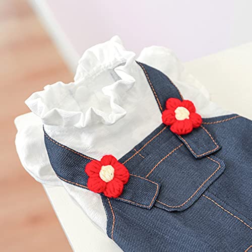 Leasote Pet Denim Strappy Dress, Stand-Up Collar Ruffle Hem Small Red Flower Decor Dog Cat Spring Summer Dress, Dog Clothes For Small Girl Doggy Puppy Navy Blue L #TOP5
