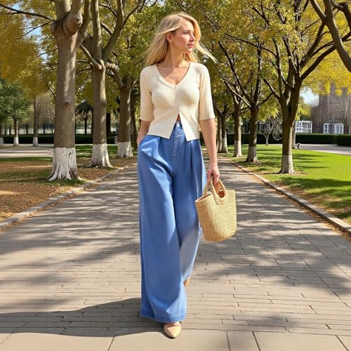 Women's Wide Leg Jeans, Baggy Denim Pants with Stretchy Mid Waist, Soft Loose Fit Palazzo Trousers for Women2