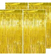 PatiCool Gold Tinsel Foil Fringe Curtain Backdrop - Thicken 4 Pack 3.2 x 8.2 FT - Glitter Gold Do...