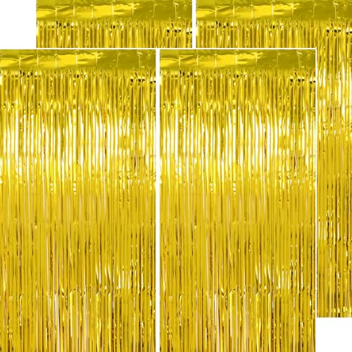 Image of Graduation Decorations Thicken Gold Tinsel Backdrop 4 Pack 13.2x8.2 FT, Foil Fringe Curtains for Wall Decor, Gold Streamers for Birthday, Prom, Hollywood, Anniversary Party Decorations