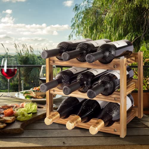Forc Wine Rack 9 Bottle 3-Tier Wood Wine Storage Easy-Assembly Space-Saving For Wine Lovers,Kitchen Wine Organizer For Countertop,Table Top,Pantry, Home,Room Decor,Bar,Cellar Basement (3-Tierss) #TOP6