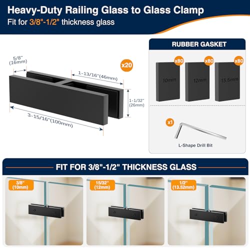 Image of 20 Pack Black Railing Glass to Glass Clamp, 180 Double Side Glamps | No Drilling in Glass, Fits 3 /8 inch-1 /2 inch Glass Thickness, Heavy-Duty SST304, Modern Clamp for Frameless Fence, Pool, Balcony Deck
