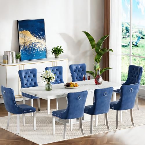 Image of Kootlena Modern Extendable Dining Table Set for 8, 63"-78.7" White Faux Marble Kitchen Table Set with 8 Blue Upholstered Chairs, 9 Piece Expandable Dining Room Table Set 6 for Living Room Apartment