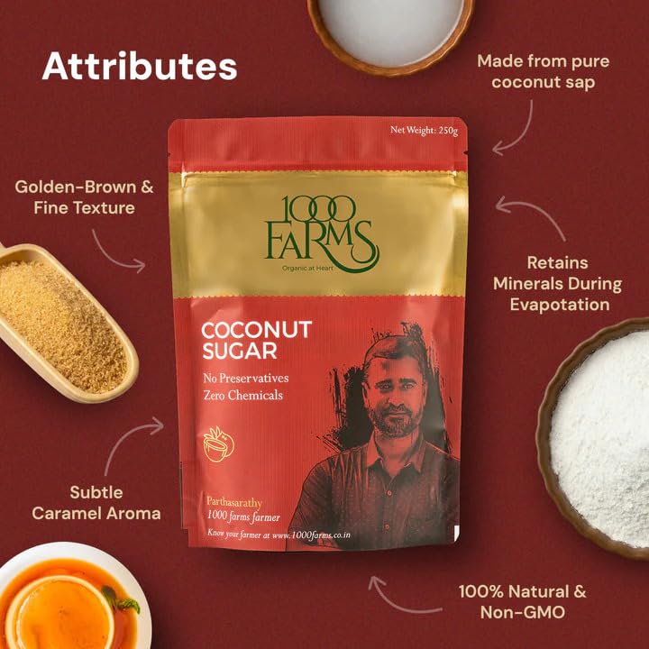 Image of 1000 Farms Organic Coconut Sugar 250g | Coconut Palm Sugar | Natural Sweetener for Tea, Coffee & Baking | Unrefined, No Preservatives, Zero Chemicals