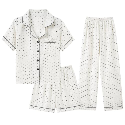 Image of Hupohoi Big Girls Button Down Pajama Set 3pcs Short Sleeve Long Pants with Shorts Crepe Wrinkled Fabric Sleepwear Nighty