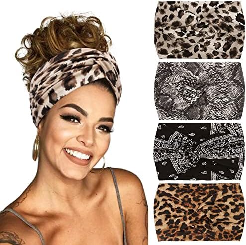 Headbands for Women' s Hair Wide Thick Stretchy Boho African Turban Knotted Leopard Head Bands 4Packs