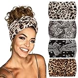 Headbands for Women' s Hair Wide Thick Stretchy Boho African Turban Knotted Leopard Head Bands 4Pack