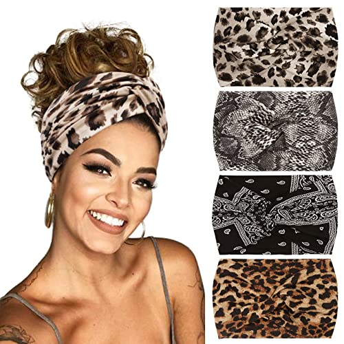 Headbands For Women' S Hair Wide Thick Stretchy Boho African Turban Knotted Leopard Head Bands 4Packs #TOP1