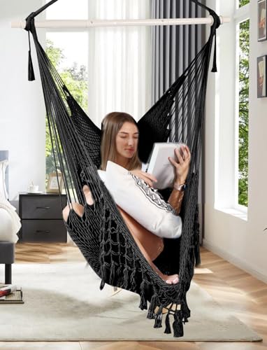 Image of Chihee Hammock Chair Handmade Woven Mesh Hanging Seat Metal Spreader Bar | Cotton Blended Rope Hanging Chair Ventilated Soft-Spun Large Stretch Hammock Swing, Elegant Macrame Indoor Outdoor Garden