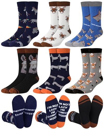 Jamntower 6 Pairs Donkey Socks for Men Funny Novelty Pattern Crew Socks Donkey Lover Gifts Birthday Father's Day for Male Shoe Size 7-12