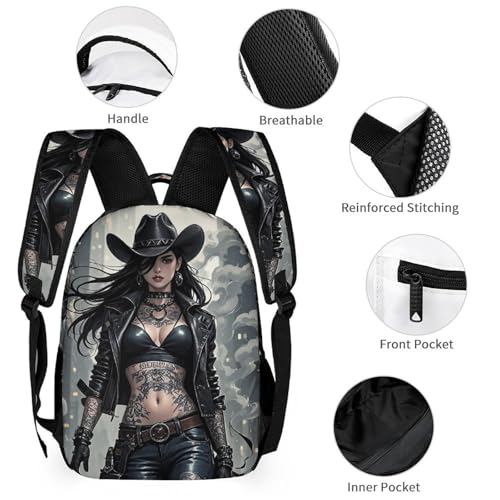 Cute Tattooed Cowboy Girl Backpack Set 3 Piece, Durable Backpack Insulated Lunch Bag Portable Pencil Case for Men Women3