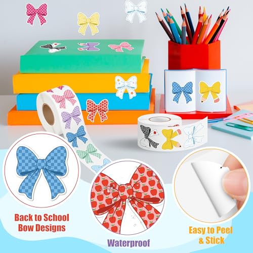 Image of Back School Bow Stickers - 16 Design Waterproof Vinyl Self Adhesive Decals with Cute Ribbon Pattern for Laptop Notebook Scrapbook Water Bottle Classroom Door Teacher Reward Chart Party Favor
