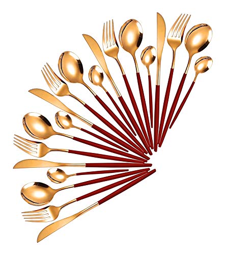 20pc Service For 5 Stainless Steel Silverware Flatware Cutlery Sets Eating Utensils Mirror Polished For Home For Restaurant RedGold 20pcs