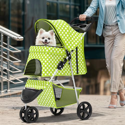 Image of Magshion 3-Wheel Pet Stroller, Foldable Travel Jogger for Small & Medium Dogs & Cats (Up to 33lbs), Lightweight Carrier with Breathable Mesh Cover, Cup Holder & Storage Basket, Lawn Green Polka Dots