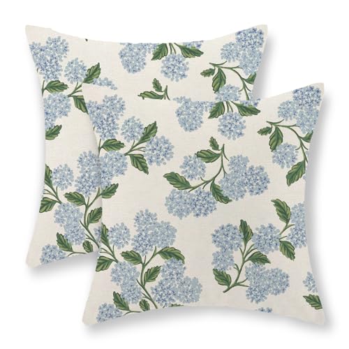 GOLIANDA Hydrangea Floral Pillow Covers 20x20 Set of 2 Spring Summer Blue Green Floral Pillow Cases Vintage Flower Decor Outdoor Throw Pillows Linen Seasonal Decorative Cushion Case for Couch Home