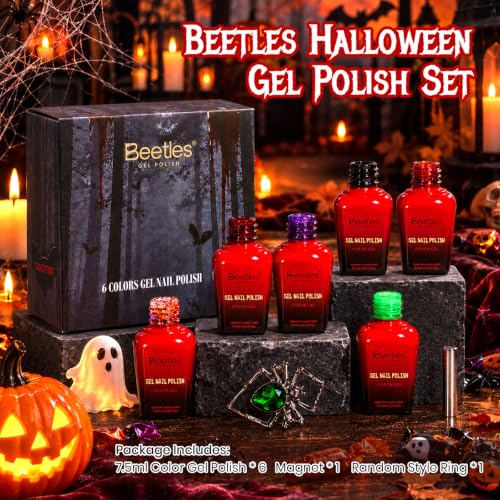Image of Beetles Halloween Gel Nail Polish Set, 6 Colors Black Orange Purple Green | for Spooky Nail Art, Fall Pumpkin Ghost DIY Manicure, UV LED Soak Off Gel Polish