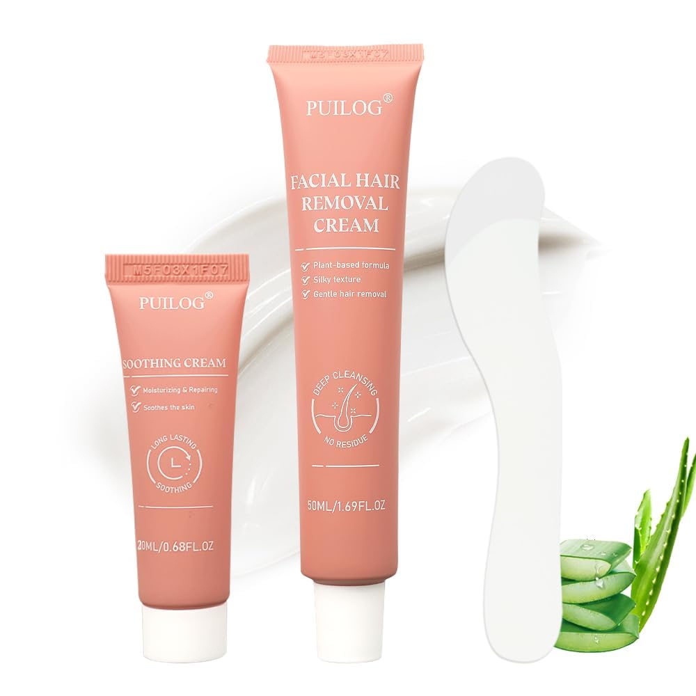 Gentle Facial Hair Removal Cream Kit for Women Face Sensitive Skin - Painless Depilatory Cream for Upper Lip Chin with Soothing Cream & Spatula, 4 Min Flawless At-Home Hair Remover, 2.37 Fl.Oz