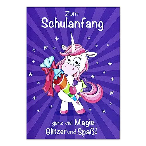 Perleberg - schöne Karte zum Schulanfang mit Einhorn Motiv - hochwertige Karten zur Einschulung - Einschulung Karten mit Umschlag - Glückwunschkarte für Jungen & Mädchen 11,6 x 16,6 cm