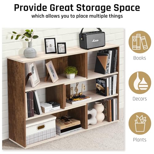 Image of ABOUT SPACE Book Shelf for Home Library-Rectangle /L-Shaped Rack for Storage 2 Ways 6 Compartment Book Stand Shelf for Bedroom, Livingroom Decor, Plants and Books (Oak White&Walnut-L128 x B30 x H85 cm)