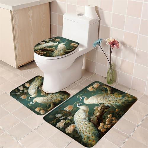 3PCS Peacock Bath Mat Set White Feather Beautiful Animal Blooming Flower Plant Classic Vintage Asian Bathroom Kitchen Floor Mat Doormat,Toilet Lid Cover and Bath Mat Microfiber Home Decoration Rug